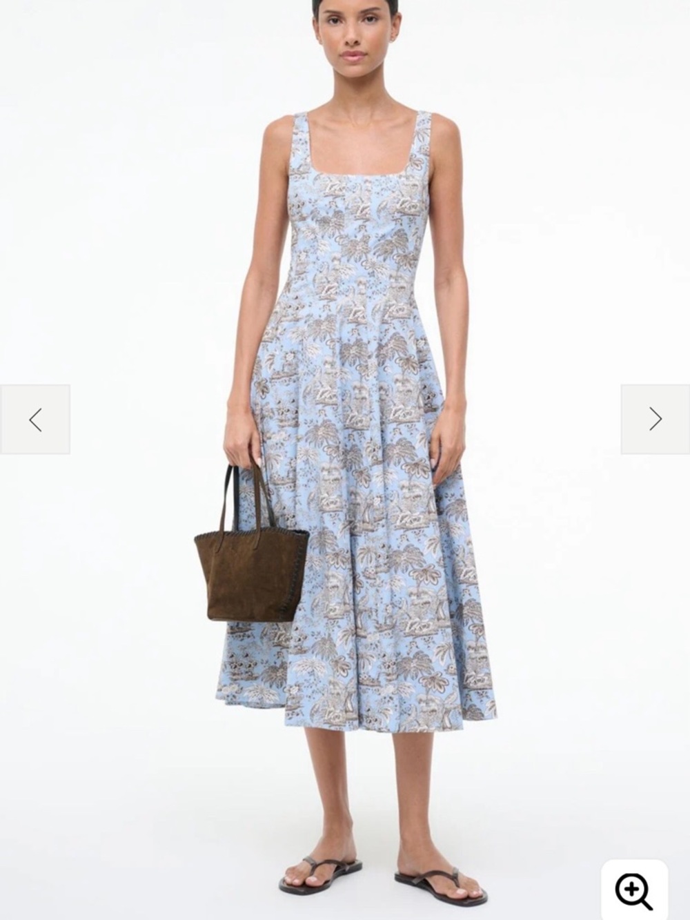 STAUD Powder Blue toile pattern Floral Square-Neck Midi Wells Dress.